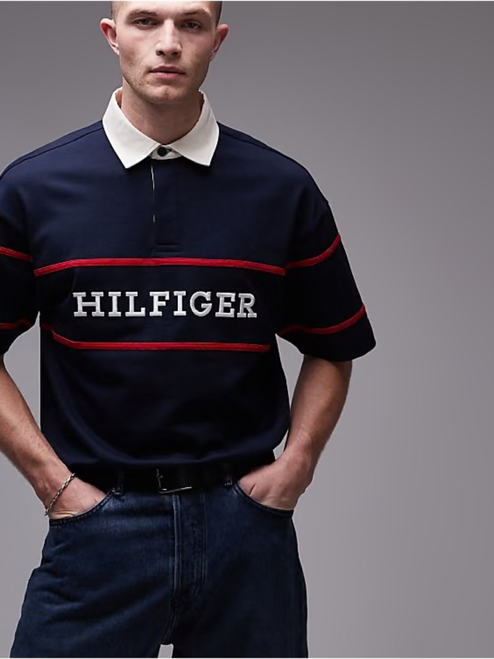 Tommy Hilfiger Navy Polo with Red Stripe and White Collar